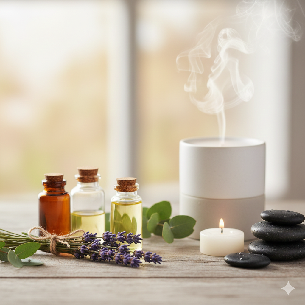 Various essential oil bottles and diffusers